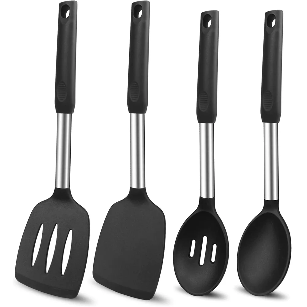 Ustensiles de cuisine en Silicone, spatule passoire, ustensiles de cuisine, spatule qui fuit en acier inoxydable, ustensiles de cuisine antiadhésifs, 4 pièces