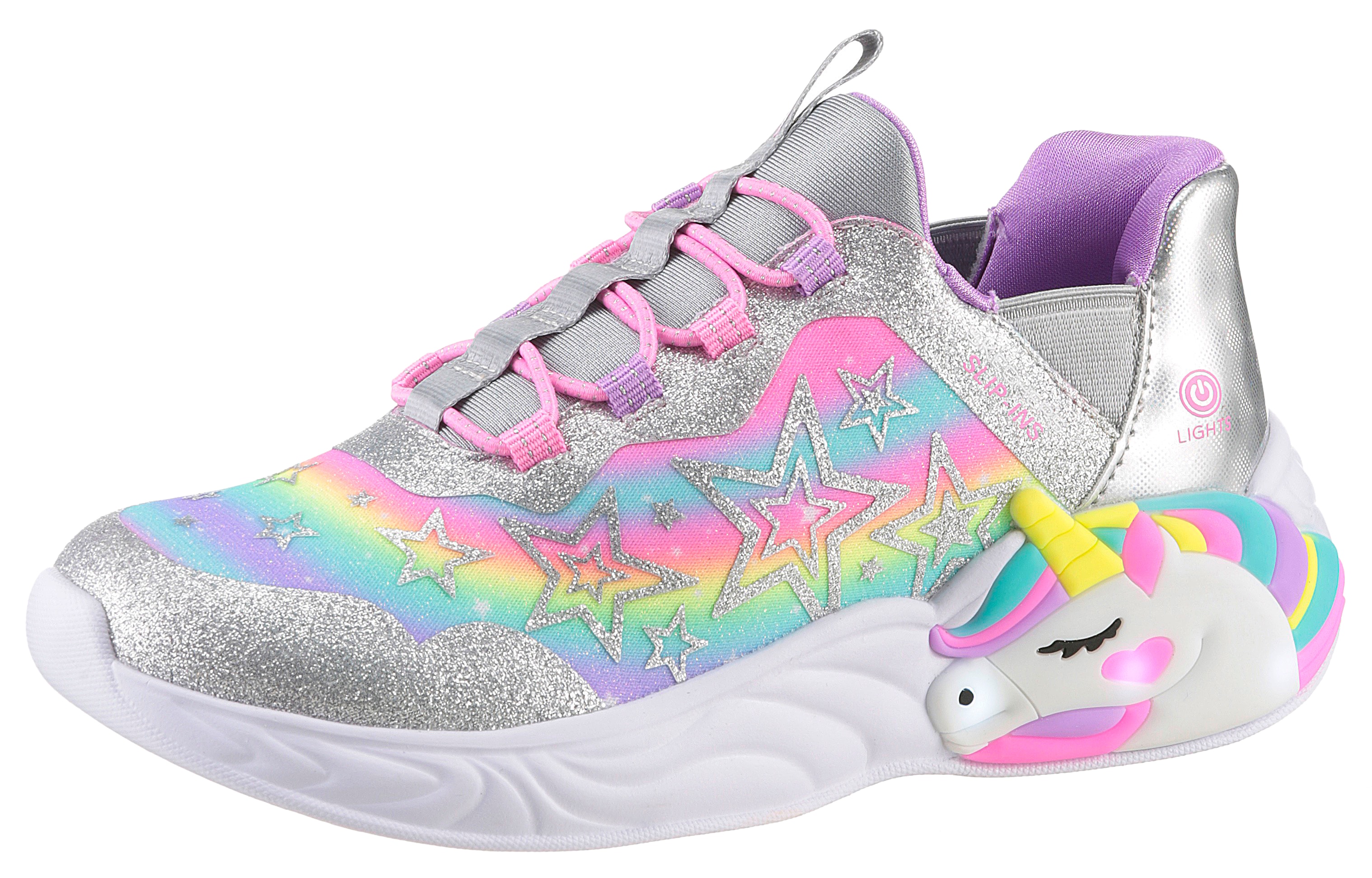 Slip-On Sneaker SKECHERS "UNICORN DREAMS LIGHTS", Kinder, Gr. 33, silber (silberfarben, pink, gelb), Synthetik, Textil, Glitzer, animal-print, kontrastfarbene Details, Schuhe, Glitzer,-Blinkschuh zum Schlupfen, Größenschablone zum Download Image