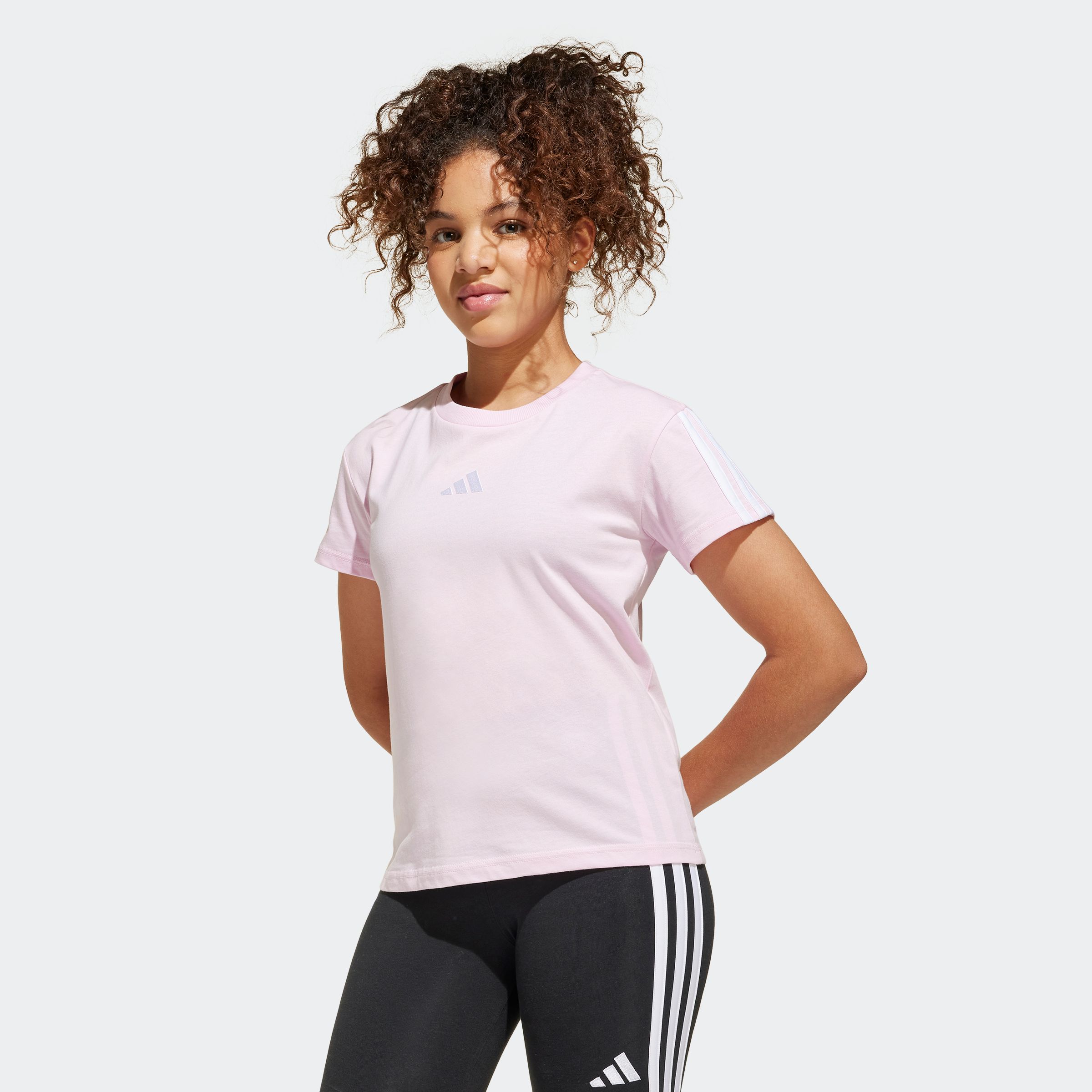 T-Shirt ADIDAS SPORTSWEAR "JG 3S TEE 160", Kinder, Gr. 164, pink (clear pink, weiß), Obermaterial: 100% Baumwolle, sportlich, Rundhals, Shirts Image