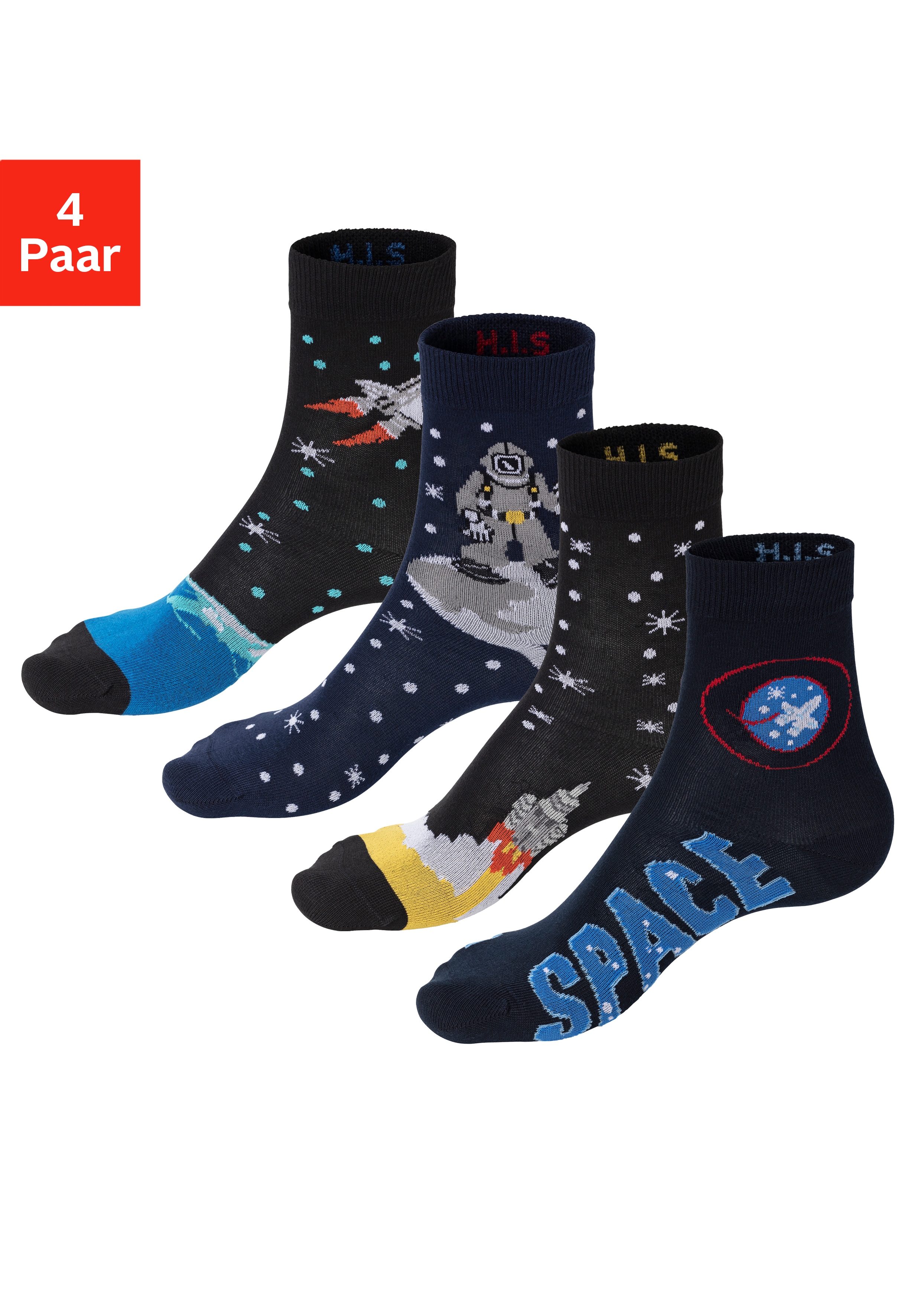 Socken H.I.S, Kinder, Gr. 39-42, blau (2x blau, gemustert, 2x schwarz, gemustert), Baumwollmischung, gemustert, elastisch, Socken, mit eingestrickten Motiven Image