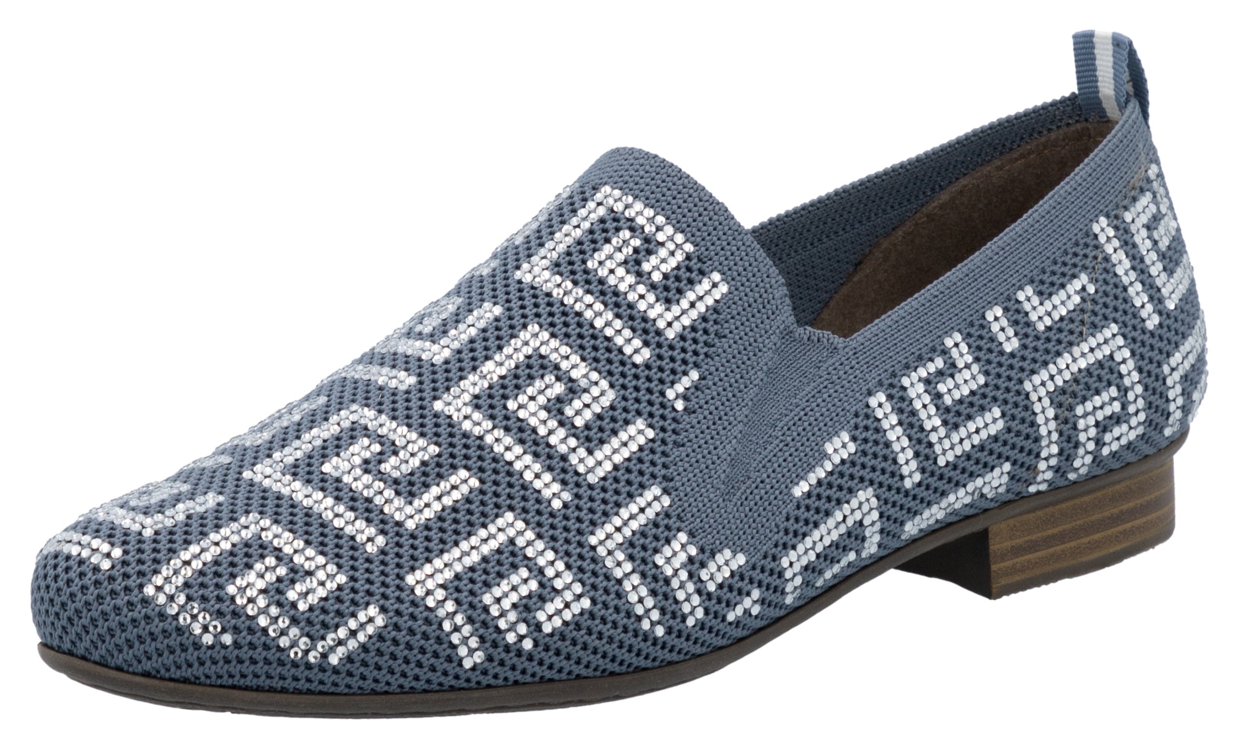 Slipper RIEKER, Damen, Gr. 39, blau (blau, weiß), Textil, Schuhe Slipper, Halbschuh, Schlupfschuh, Blockabsatz, Loafer mit Glitzersteinchen