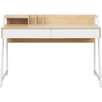 Schreibtisch HOME AFFAIRE "Cowell", weiß (eichefarben, weiß, weiß, eichefarben), B:124cm H:88cm T:50cm, Tische, 2 Schubladen, Ablage & integrierte Buchstützen, Metallgestell