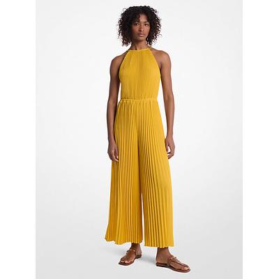 Michael Kors Pleated Embellished Georgette Halter Jumpsuit Yellow M