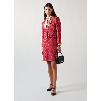 Alexa Red Cotton Blend Tweed Jacket With Plaited Trim, Red