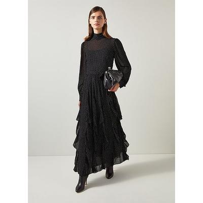Lucie Black & Ivory Polkadot Ruffle Maxi Dress, Black Cream