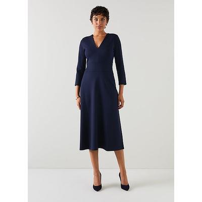 Lauren Navy V-Neck LENZING ECOVERO Viscose Ponte Midi Dress, Navy