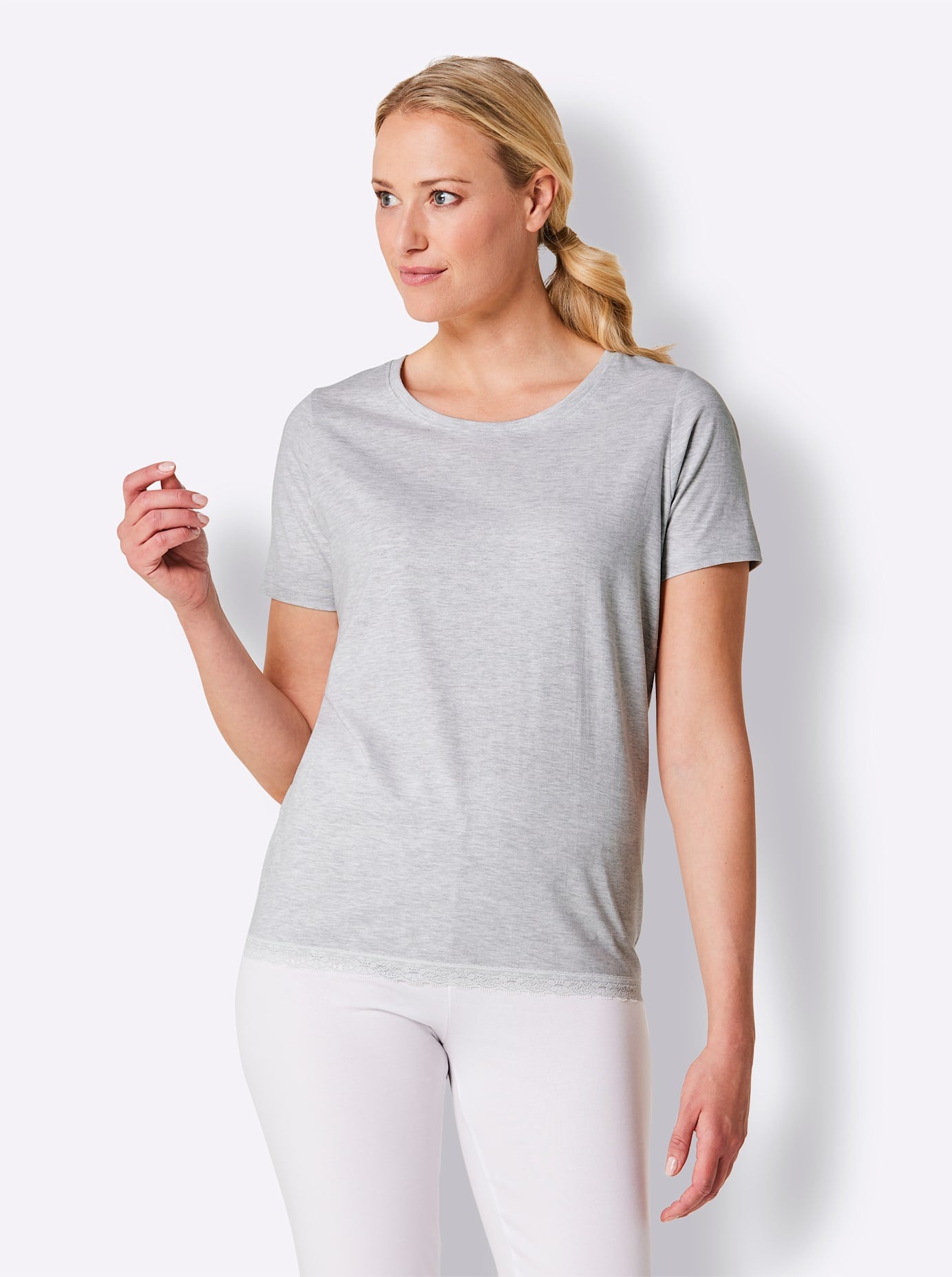 Pyjamaoberteil WÄSCHEPUR "Schlafanzug-Shirt", Damen, Gr. 48/50, grau (hellgrau, meliert), 50% Baumwolle, 50% Modal, 98% Baumwolle, 2% Polyester, unifarben, Shirts Image