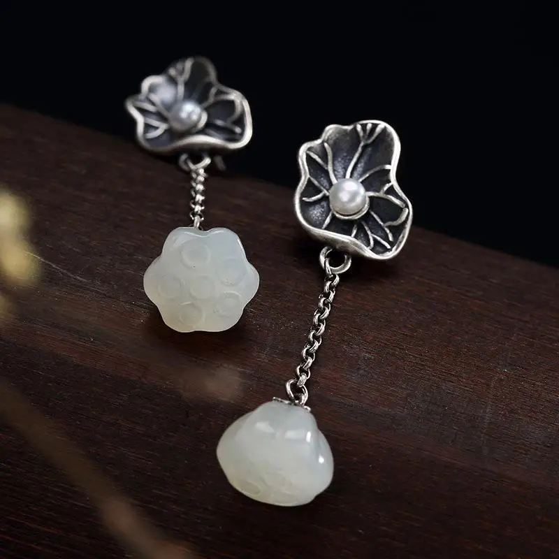 Neu in 925 Silber Vintage ethnischen Stil Ohrringe natürliche hetian weiße Jade Lotus blatt Lotus Peng Perle Ohrringe für Frauen Schmuck