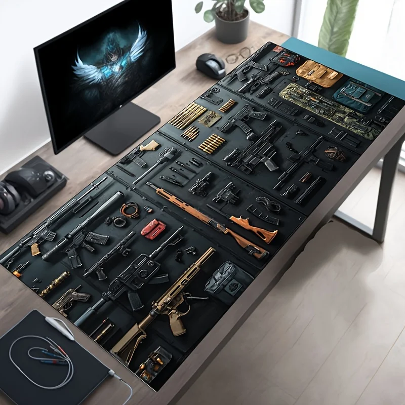 Gun großes Gaming-Mauspad, XXL-Gaming-Schreibtischunterlage, rutschfestes Gummi, bequeme Tastatur, Maus, genähte Kanten für Zuhause, Spiel, Büro Image