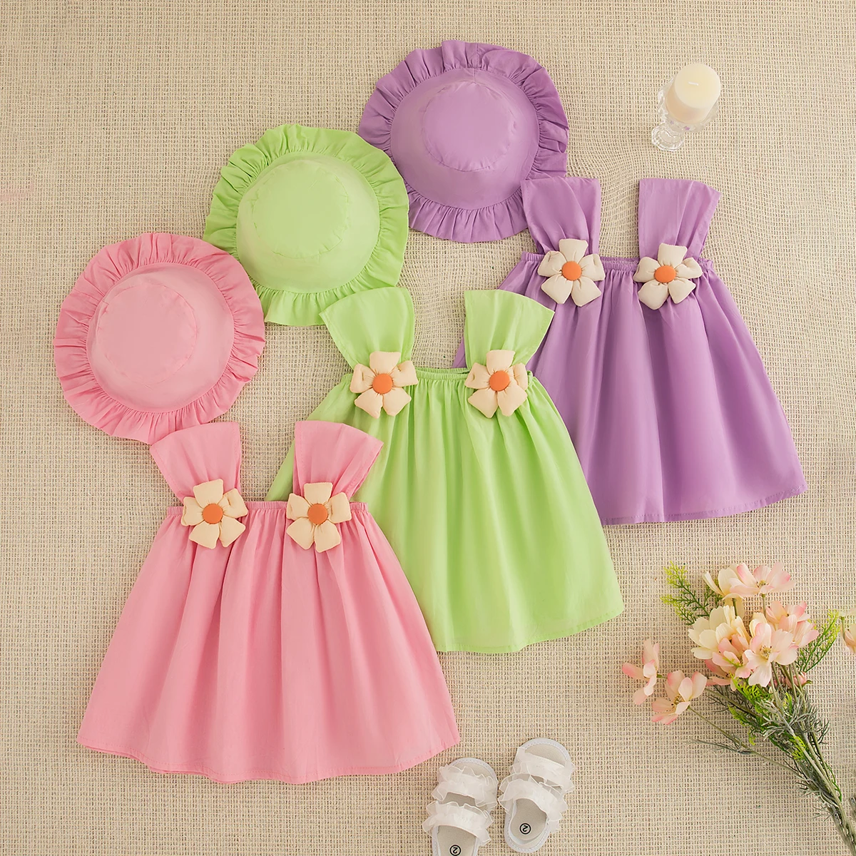 Sommer Neue Einfarbig Träger Kleid Für Mädchen kinder Kleidung Nette Baumwolle Kleid Mit Zwei Kleine Blumen Image