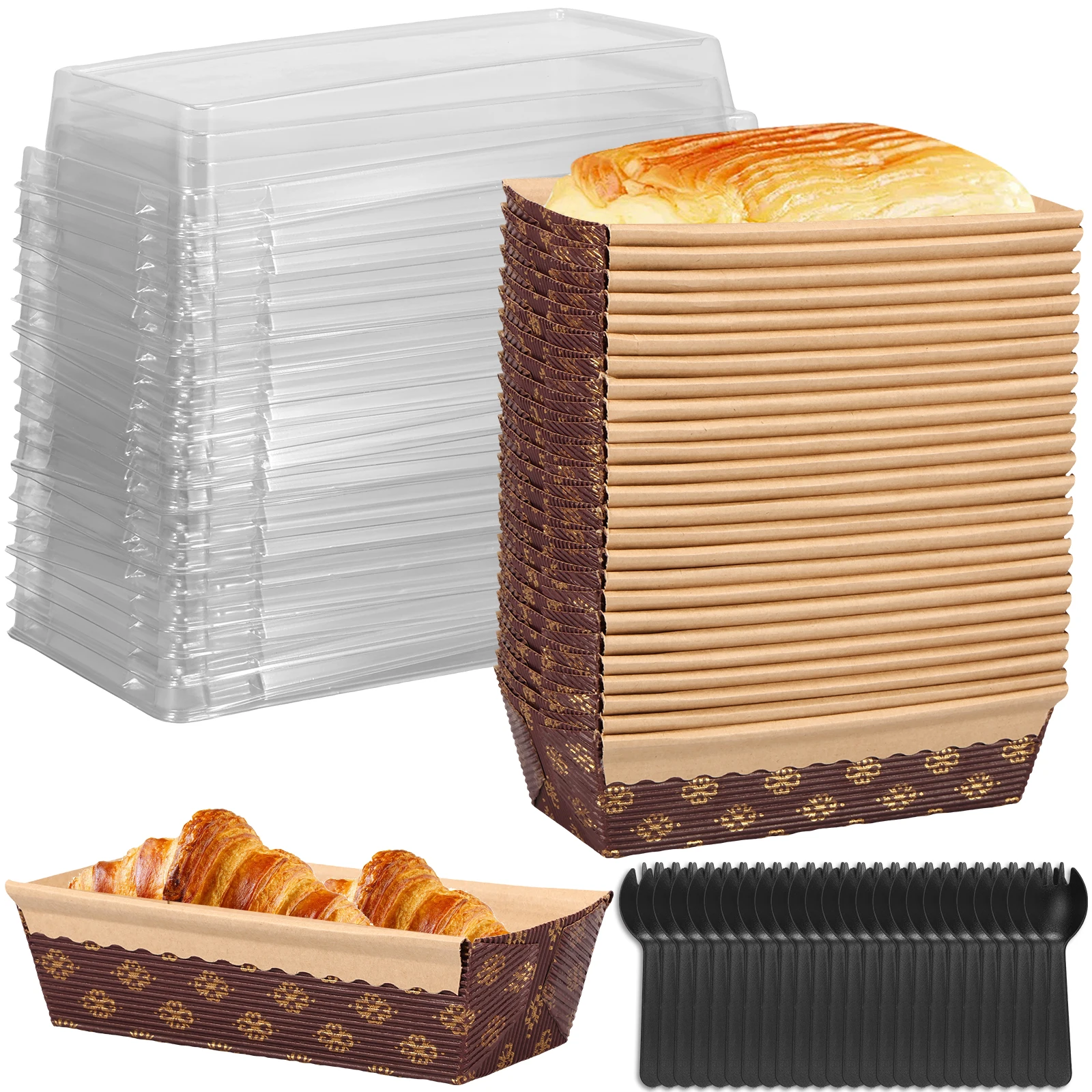 25 Stück Papier-Backform, wiederverwendbare Mini-Kastenform aus Papier mit Deckel und Gabel, stapelbare rechteckige Papierform, Brot-Kuchenbox Image