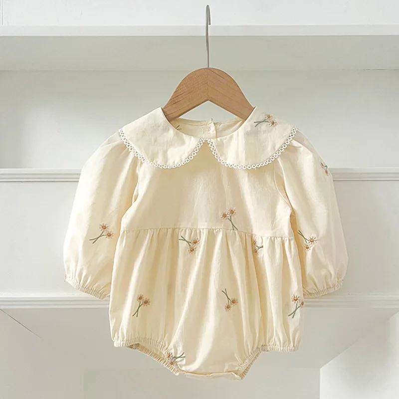 Frühling 0-24M Baby Mädchen Kleidung Kleinkind Baby Mädchen Strampler Stickerei Blume Punkte Baumwolle Strampler Weiß Infant Baby mädchen Overall Image