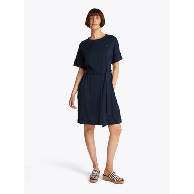 Blusenkleid TOMMY HILFIGER "MODERN CODY DRESS", Damen, Gr. L (40), N-Gr, blau (schwarz night navy), Web, Obermaterial: 100% Baumwolle, unifarben, casual, relaxed fit knielang, Rundhals, Kurzarm angeschnitten Bündchen, Kleider, mit Logostickerei Image