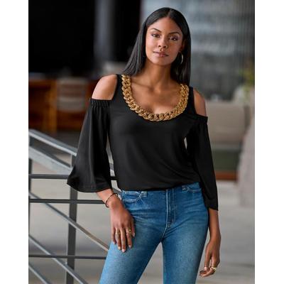 Boston Proper - Black - So Chic Cold Shoulder Heat Seal Chain Blouson - Medium