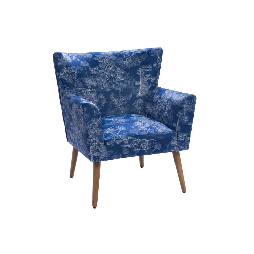 Fauteuil à accoudoirs en tissu peau de pêche bleu à motifs