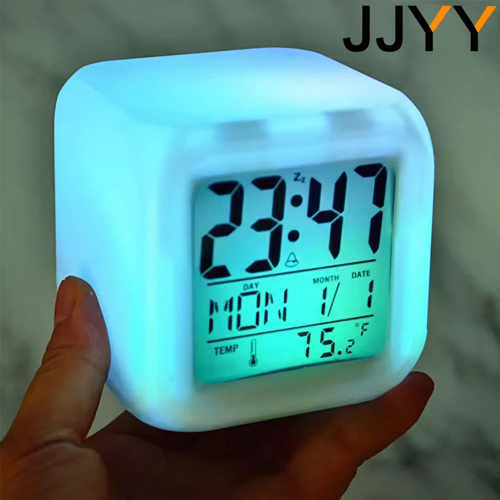 7 Color Mini Desk Cube Always Digital Alarm Clock Colorful Light Multiple Mode Luminous Desk Clock Bedroom Office Home Decor