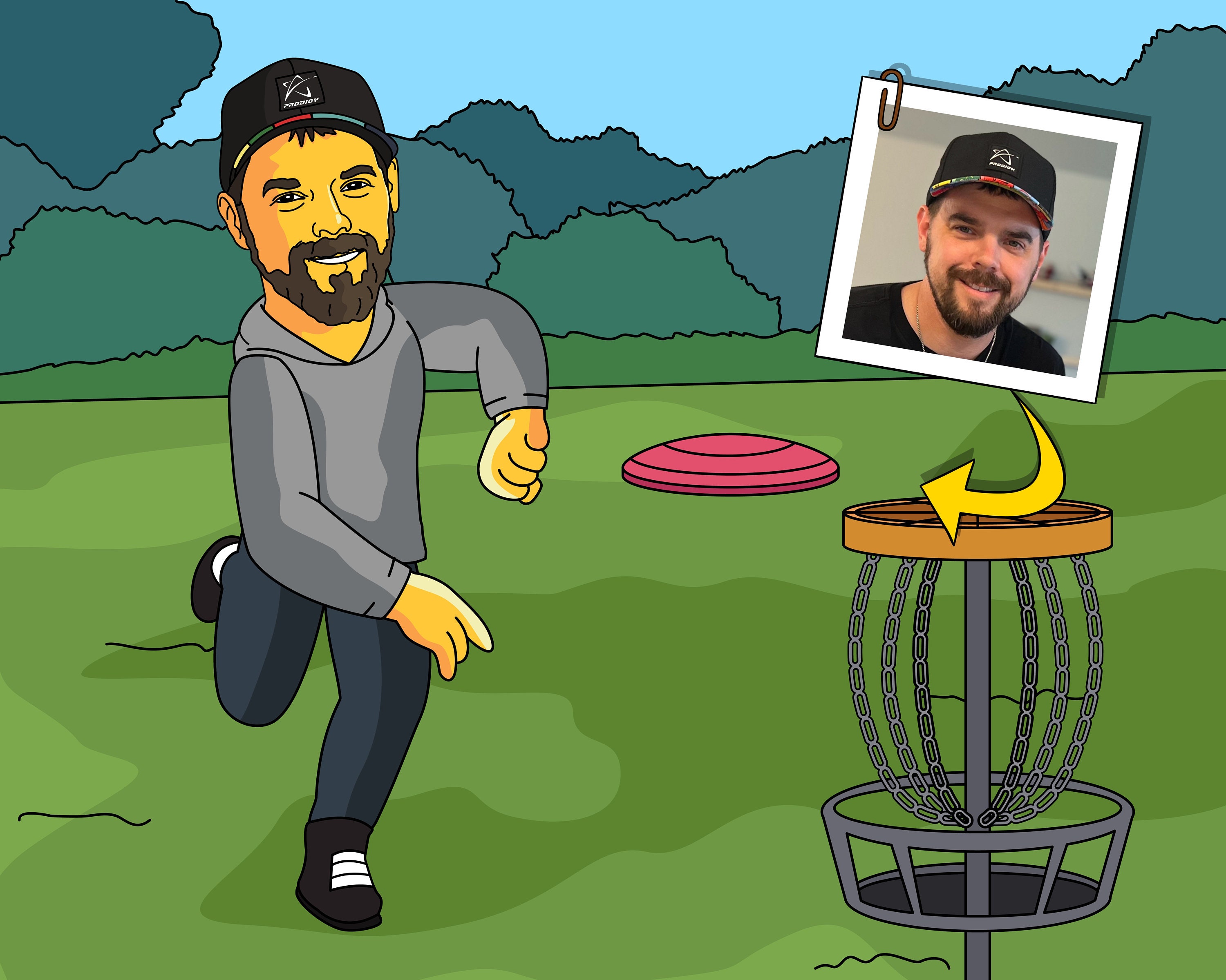 Regalo per giocatore di Disc Golf - Ritratto personalizzato da foto come personaggio giallo / frisbee golf / giocatore di disc golf