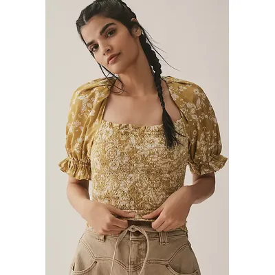By Anthropologie Seersucker Smocked Puff-Sleeve Crop Top