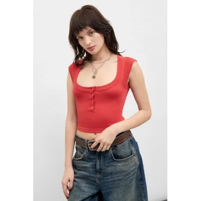 Out From Under Square Neck Henley Top - Red L/XL at Urban Outfitters