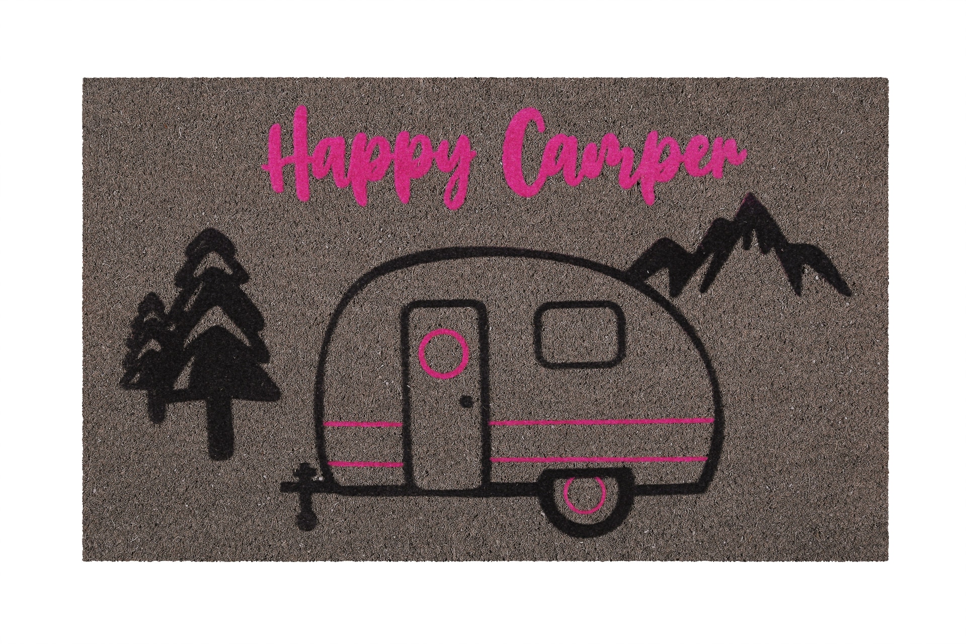 Fußmatte WECON HOME "Happy Camper", grau (grau,schwarz), B:60cm H:18mm L:90cm, Kokos, Teppiche, rutschfest, robust, innen, Außenbereiche überdacht, schwer Image