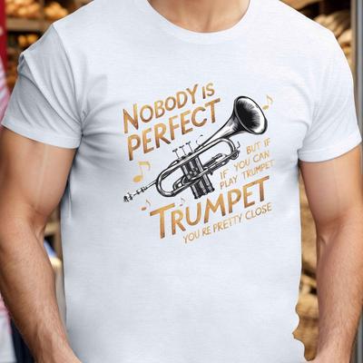 "TEMU [] Men's Plus Size Summer T-shirt - " Is Perfect, But You're Trumpet Close" , Casual Short Sleeve Top For Big & Tall, Polyester, Machine Washable, Plus Size Shirts, Plus Size" Image
