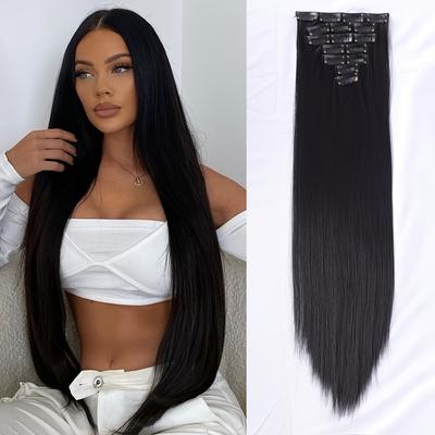 TEMU 7pcs Clip In Hair Extensions 16 Clips 7pcs Long Straight Synthetic Hair Extension. Heat Resistant Hair Piece For Women Daily Use Image