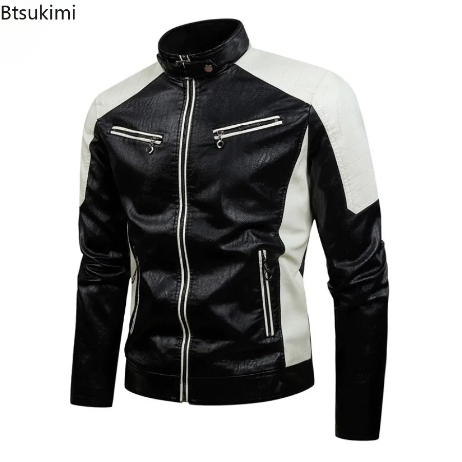 2026 Giacca da uomo in pelle con colletto alla coreana Moda Patchwork Moto Cappotti in pelle PU Giacca da uomo in PU di qualità con cerniera sottile bella
