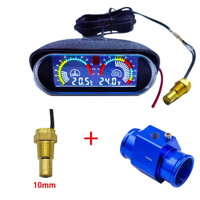 12V 24V Digitaler Wassertemperaturanzeige + Volt Wassertemperatursensor 1/8NPT Kopfstopfen Verbindungsrohrsensor Kühlerschlauchadapter Image