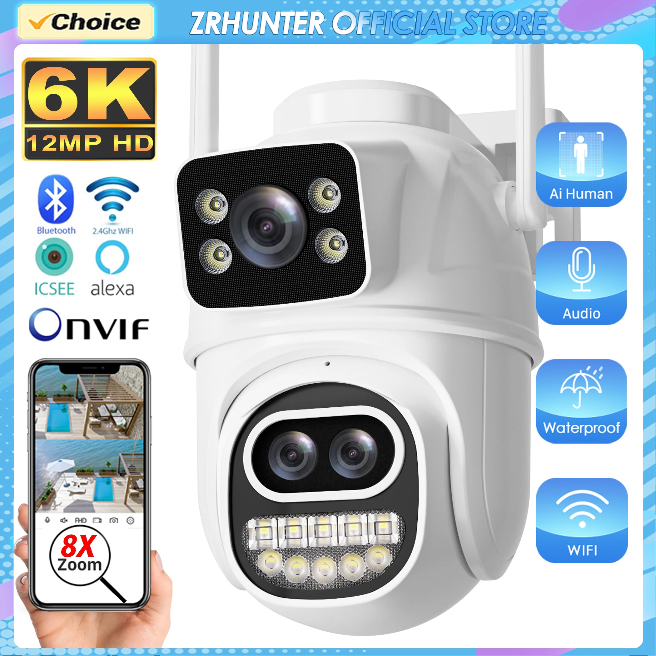 12mp 6k ptz wifi kamera outdoor 8x digital zoom dual bildschirme dual objektiv ai menschliche erkennung outdoor sicherheit ptz ip kameras icsee Image