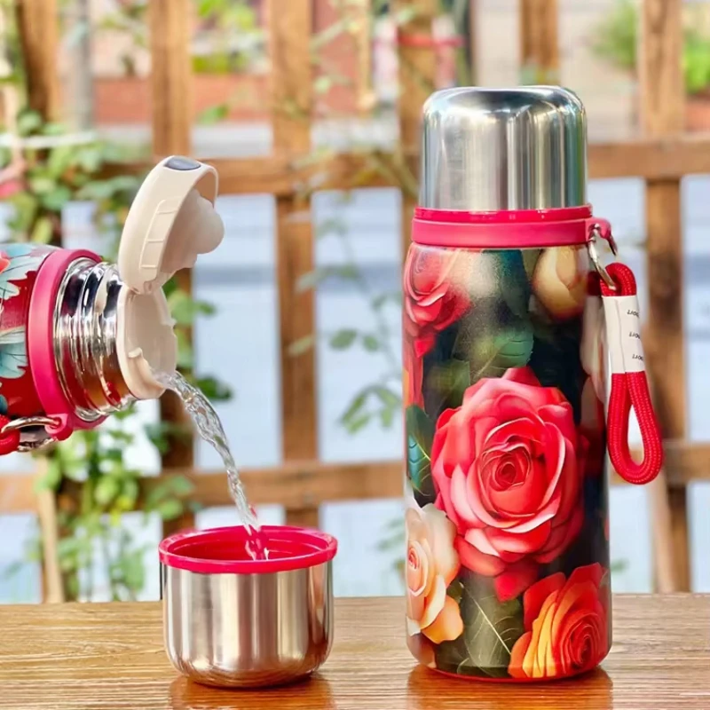 Retro Chinesische Rose Gedruckt Edelstahl Isolierte Tasse Große Kapazität Tragbare Auto Isolierte Wasser Tasse Image