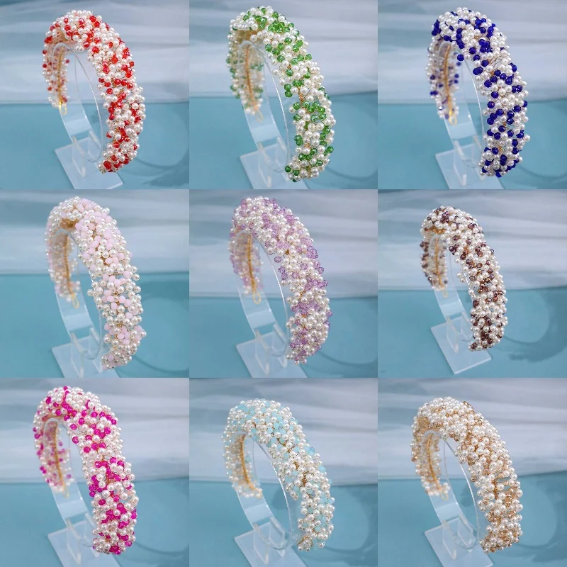 Luxus Voll perle Kristall Stirnband Tiara Haarband Silber Farbe Braut Hochzeit Haarschmuck Rebe Stirnband für Braut Frauen Image