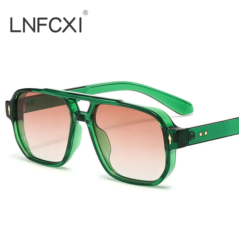 JNPCXI Vintage Doppel Brücken Männer Quadrat Sonnenbrille Mode Grün Ozean Objektiv UV400 Brillen Frauen Trend Nieten Sonnenbrille