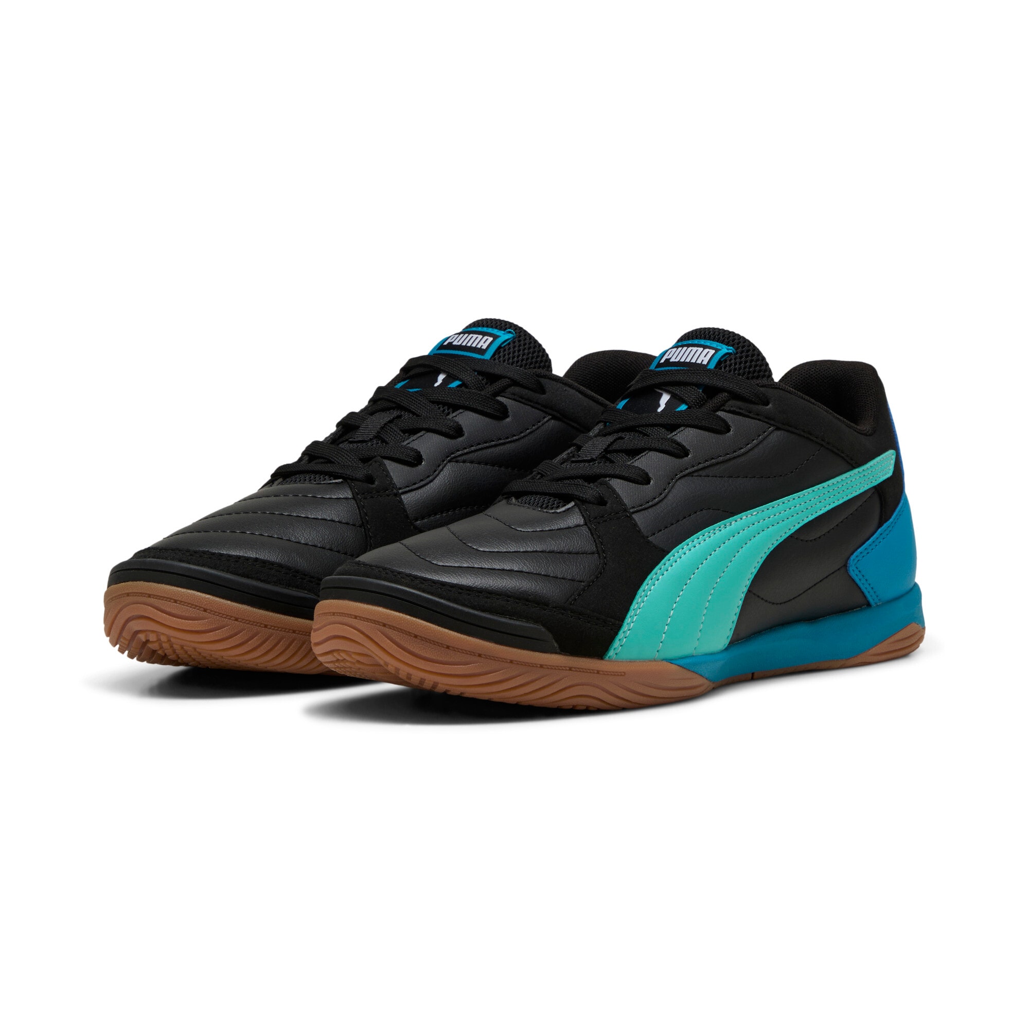Fußballschuh PUMA "PRESSING IV", Damen, Gr. 44, weiß (puma schwarz, aquatic, tropical blau, puma weiß), Synthetik, Schuhe Fußballschuh