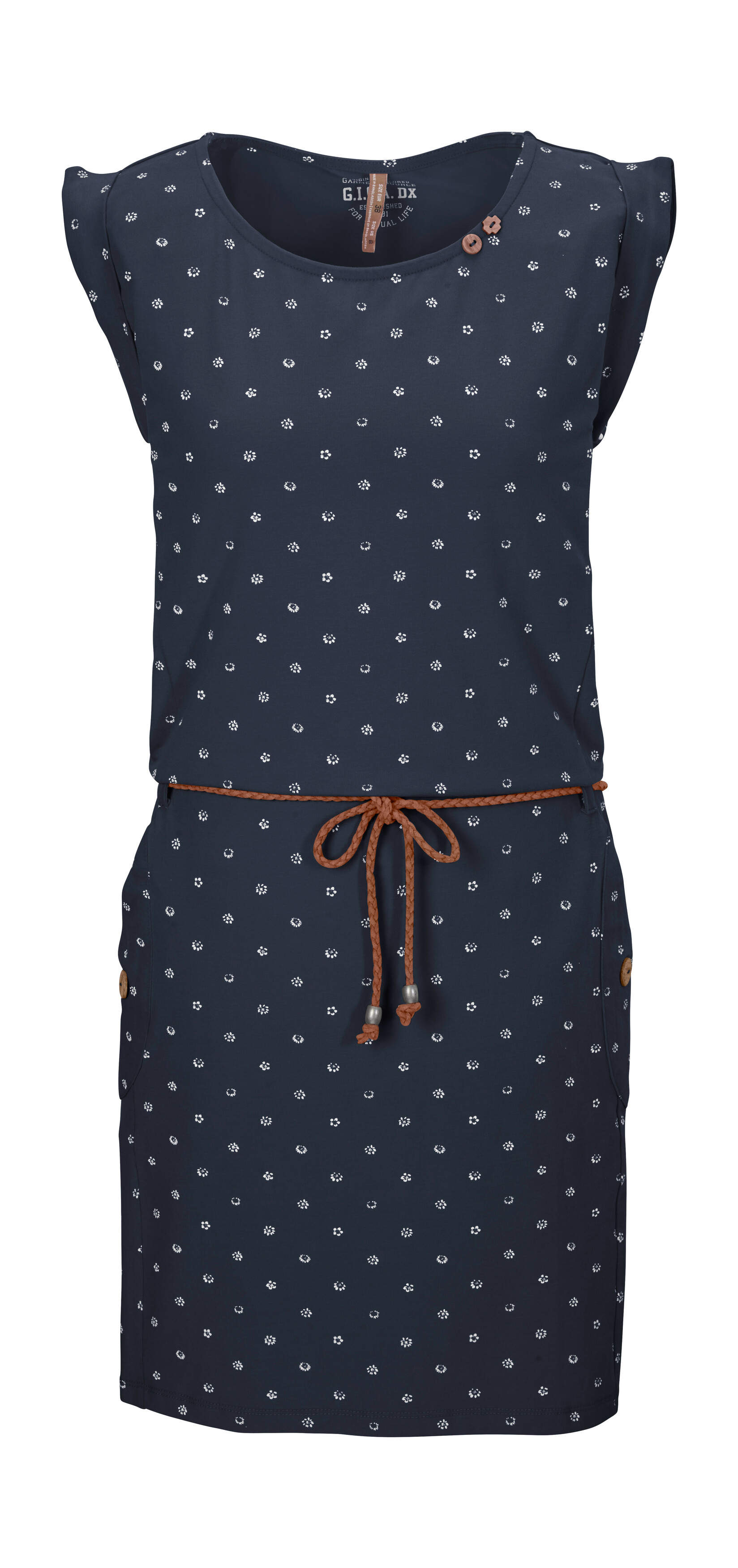Sommerkleid "GS 42 WMN DRSS", Damen, Gr. 40, Normalgrößen, blau (navy), Oberstoff: 95% Baumwolle, 5% Elasthan, G.I.G.A. DX BY KILLTEC, Kleider Sommerkleid, Sommerkleid, bequemes Material, All Over-Print, geflochtener Gürtel