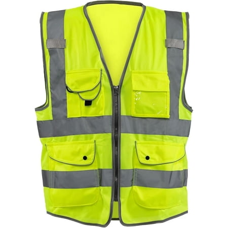 NEIKO Safety Vest with Pockets 9 Pocket High Visibility Vest Reflective Strips Zipper Front Reflective Vest For Men & Women Work Vest Security Vest Hi Vis Neon Yellow Vest 5XL 54057A