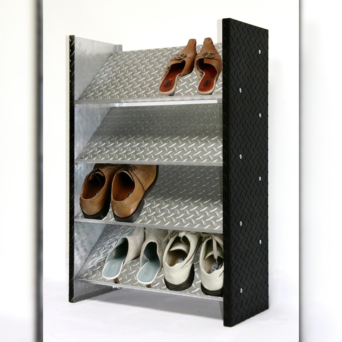 Schuhregal Metall ALU, 88 x 60 x 26 cm, 12 Paar, 4 Böden, Bicolor, Marke: Szagato, Made in Germany (Design-Schuhschrank 60cm breit; Regal für Schuhe) Image