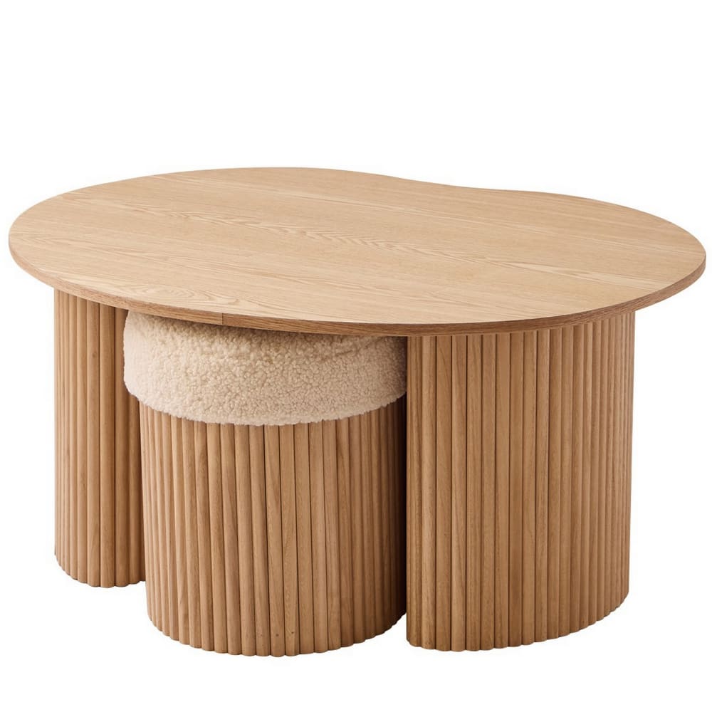 Set d'une table basse en bois et 2 poufs en bouclettes blanches