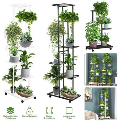 TEMU Chic 3-tier Metal Plant Stand On Wheels - Black & White, Indoor/outdoor Display Rack For Potted Plants, Easy & Cleaning, Ideal For Patios, Offices & Garden Enthusiasts, Standing Shelf Image