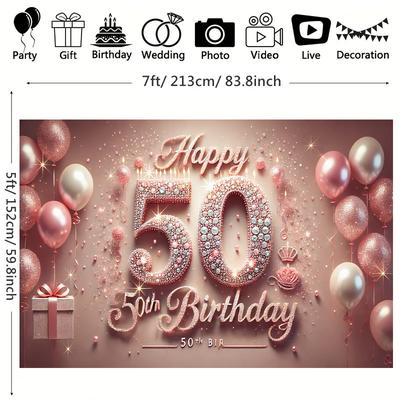 TEMU 50th Birthday Party Polyester Backdrop - Versatile Photo Booth Banner For Home & Garden Celebrations, No Power Needed, Drill, Photo Booth Props, Wall Hanging