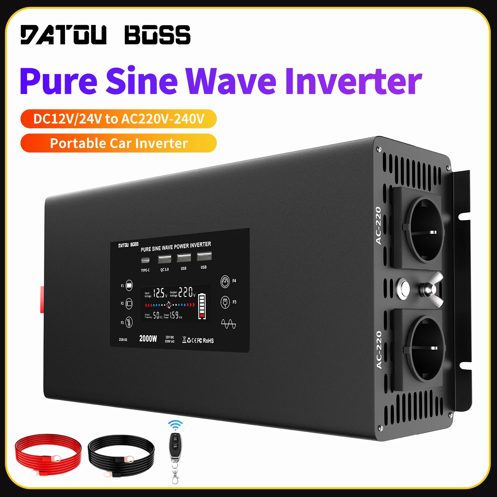 DATOUBOSS Reiner Sinus-Wechselrichter DC12V-24V zu AC220V-240V Tragbarer Auto-Wechselrichter Dauerleistung 2000W Spitzenleistung 4000W Image