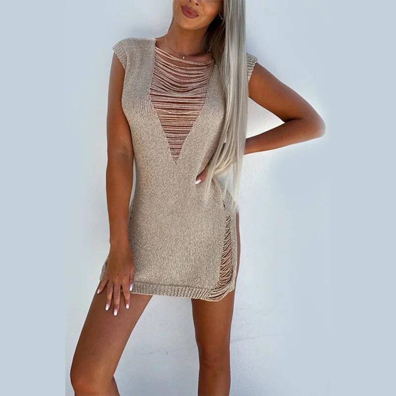 Sexy Deep V Quaste Strand Mini kleid, ärmellose Beach wear Bade bekleidung, gehäkelte Badeanzug Frau Badeanzug, Strick Bikini Vertuschung Image