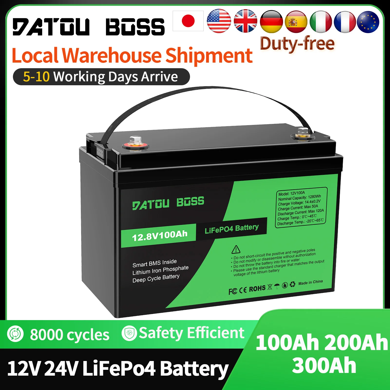 DATOUBOSS LiFePO4 12V Akku mit BMS 8000 Zyklen, 100A 200A 300A, für Wechselrichter, Wohnmobil, Solaranlage, Boot, Haushalt, Solar Image