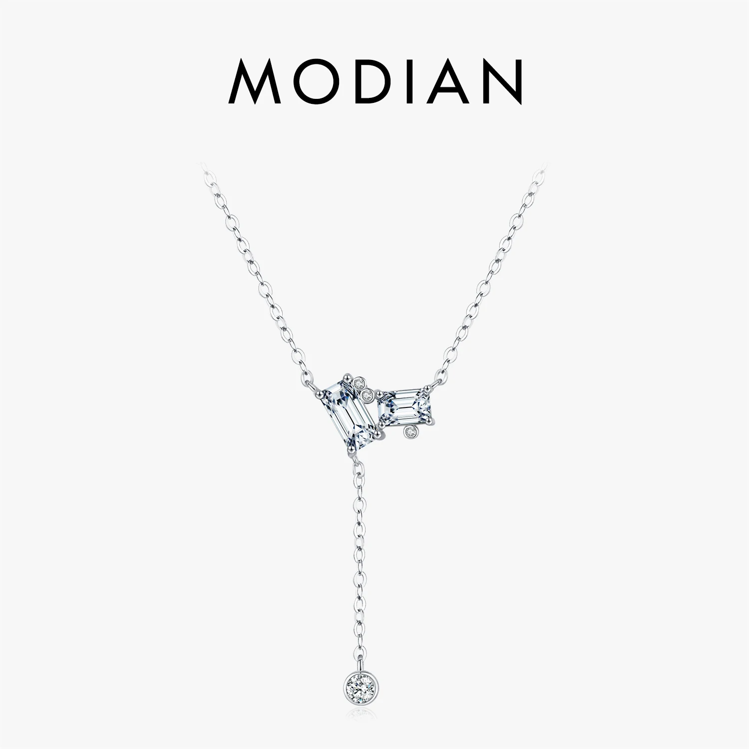 MODIAN 925 Sterling Silver Squisito Rettangolo Trasparente CZ Catena a maglie Lariat Y Forma Collane con pendente per le donne Gioielleria raffinata