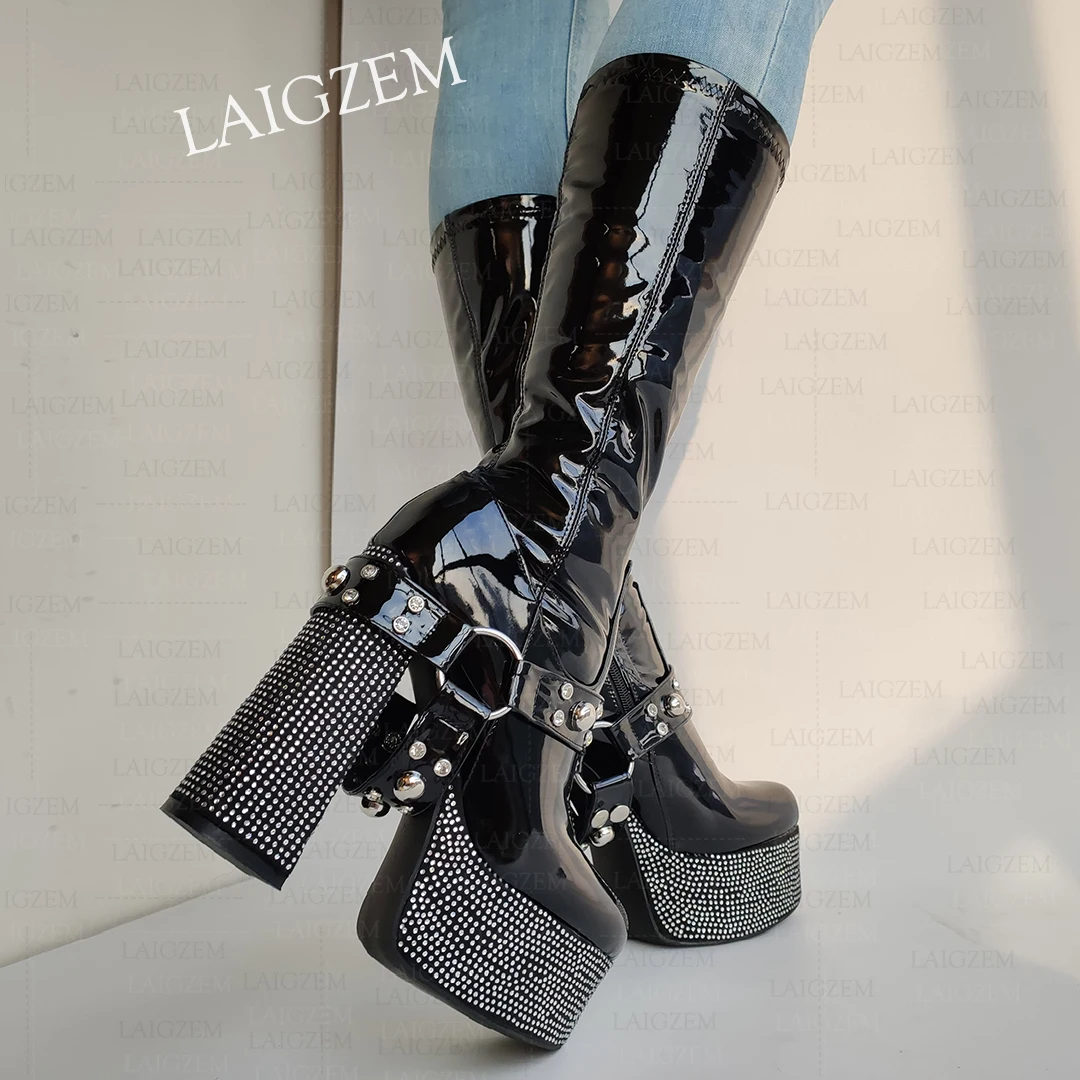 LAIGZEM Frauen Wadenhohe Stiefel Kristall Plattform Seitlicher Reißverschluss Chunky High Heel Stiefel Elastische Damen Schuhe Frau Plus Größe 41 46 52