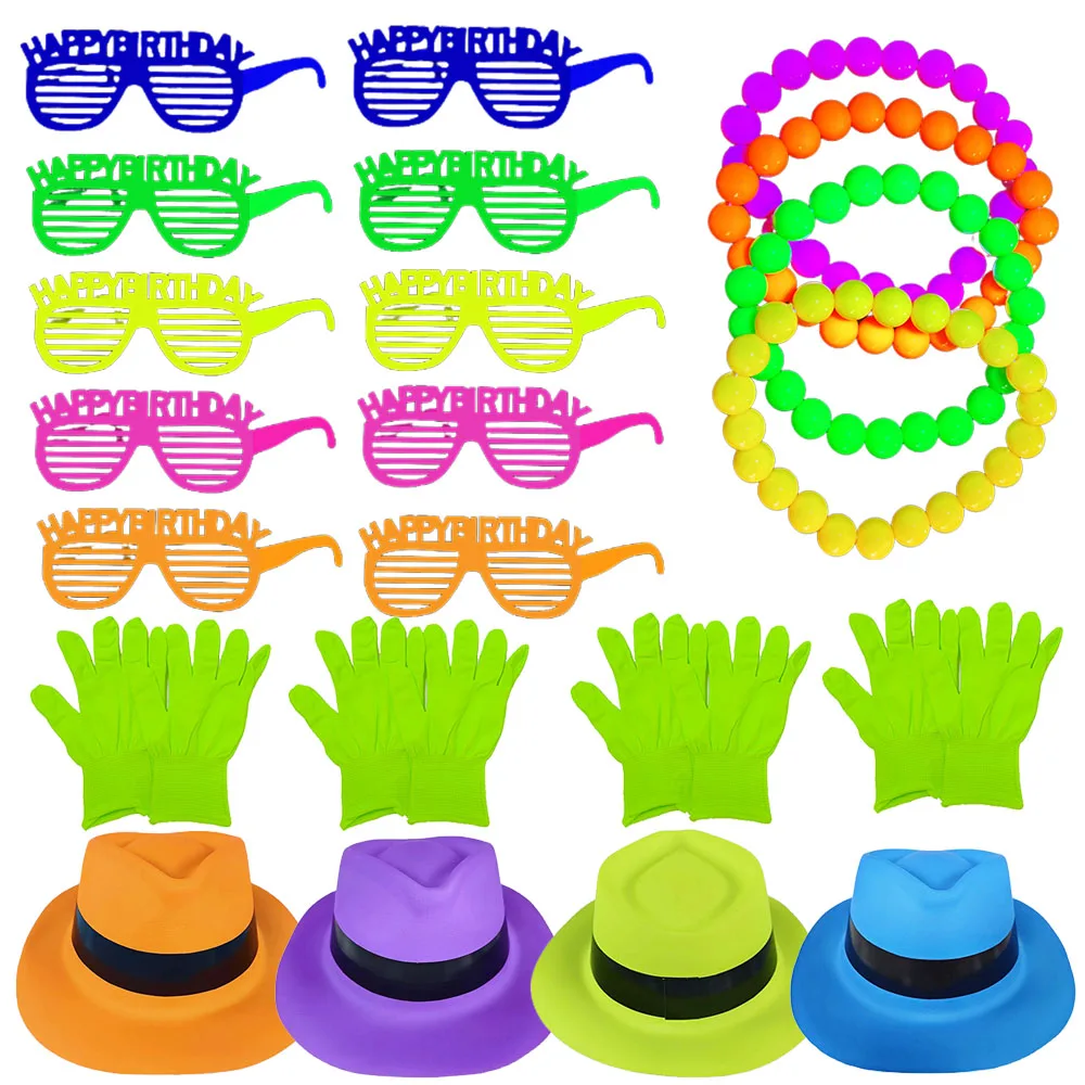 Neon-Partyzubehör, Kunststoff-Shutter-Brille, leuchtet im UV-Licht, fluoreszierender Hut, Handschuhe, Neon-Party, Geburtstag, Requisiten, Zubehör, Gastgeschenk Image