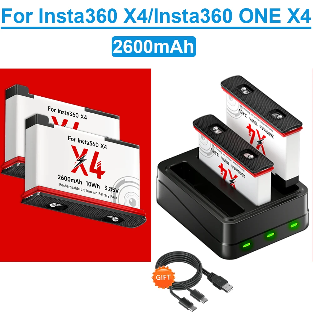 2600 mAh Hohe Kapazität Für Insta360 X4 Kamera Batterie + 3-Slot LED schnelle ladegerät Für Insta360 EIN X4 action Kamera Zubehör Image