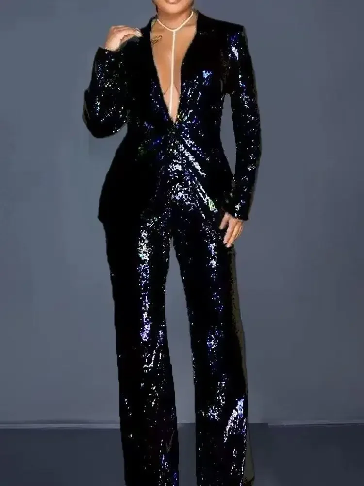 Pantaloni con paillettes e blazer Set da donna Lussuoso set da 2 pezzi Cappotto blazer a maniche lunghe primaverili Pantaloni a gamba larga a vita alta Abiti da donna