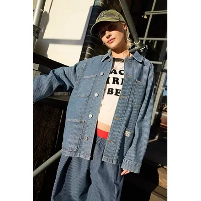 BDG Nola Stripe Painters Jacket - Blue L at Urban Outfitters