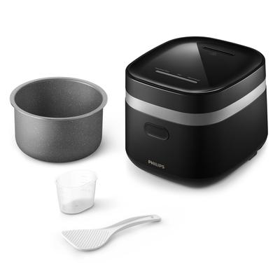 PHILIPS Reiskocher "Mini 3000 Series, für 1-3 Personen, mit 8 voreingestellten Programmen", schwarz, B:21cm H:20cm T:24cm, Reiskocher, 0,54 l ungekochter Reis, Fast Cook-Modus u. Antihaft-Beschichtung Image