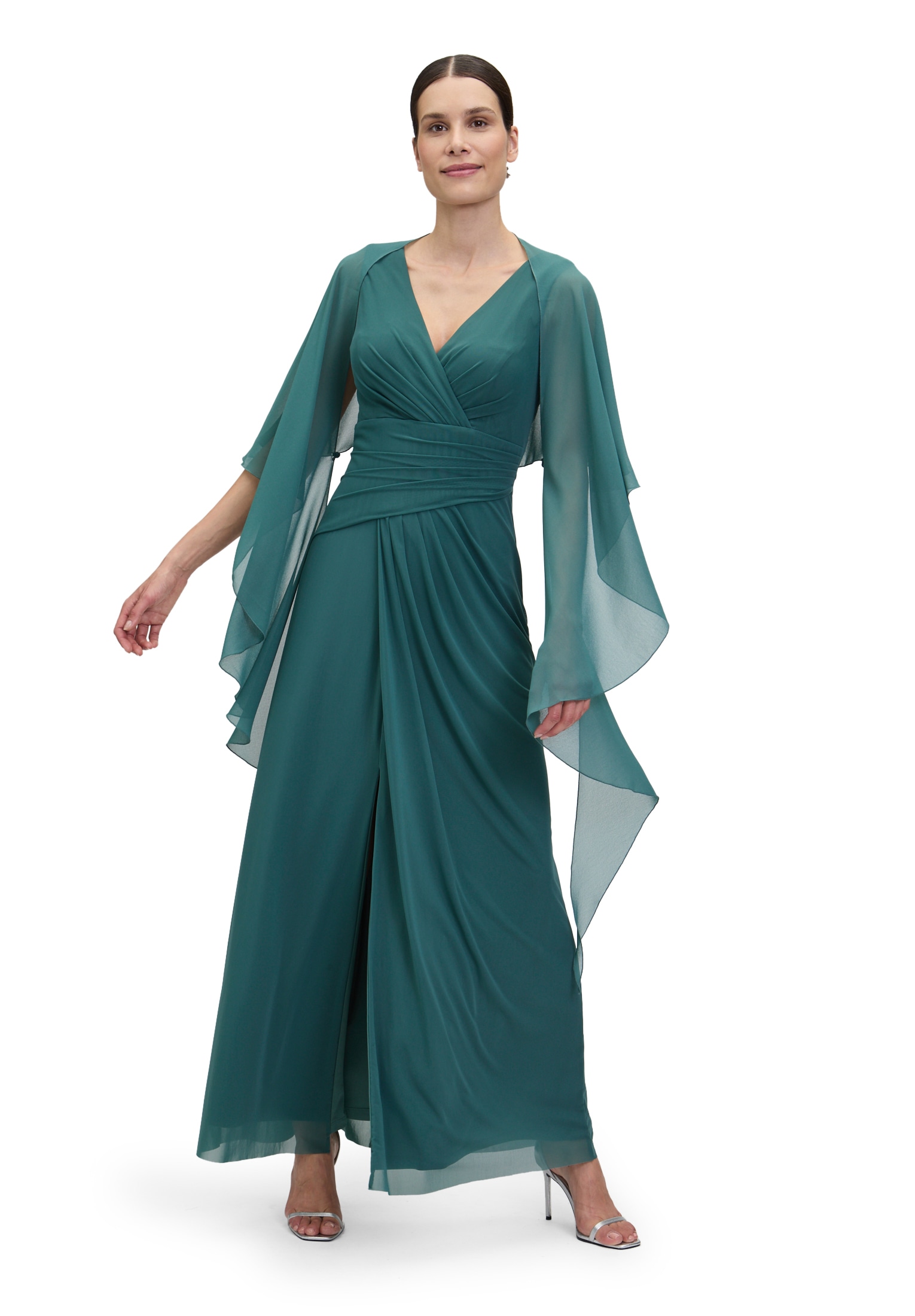 Multifunktionstuch VERA MONT "Damen mit Volant", Damen, Gr. M, grün (schwarz emerald), Chiffon, Polyester, festlich, Modetücher Multifunktionstuch, Nahtführung